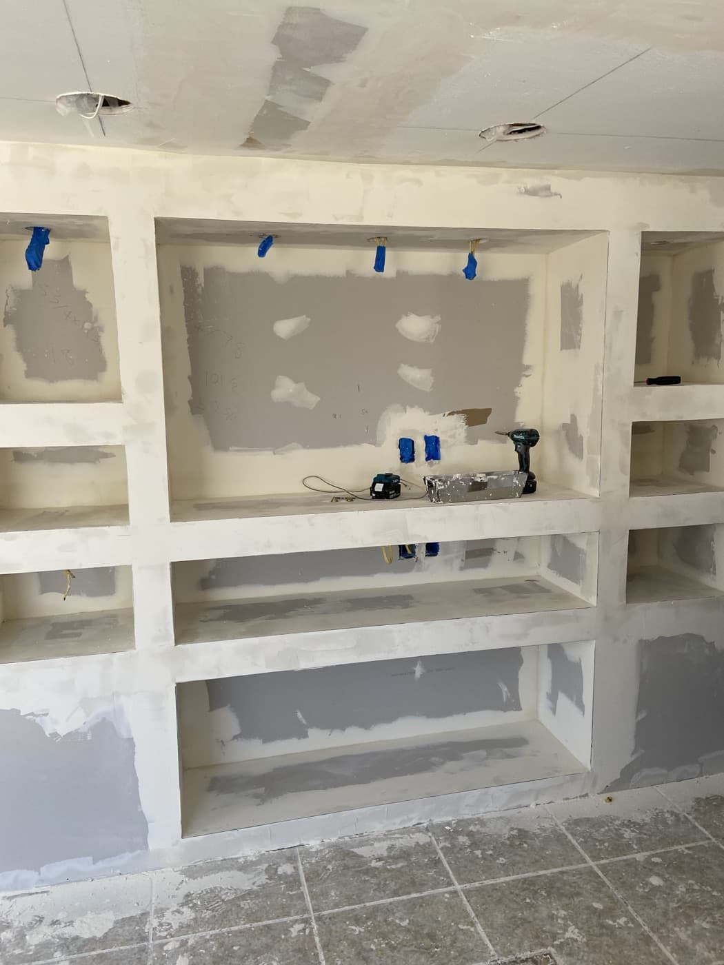 Unfinished built-in shelving frame before completion