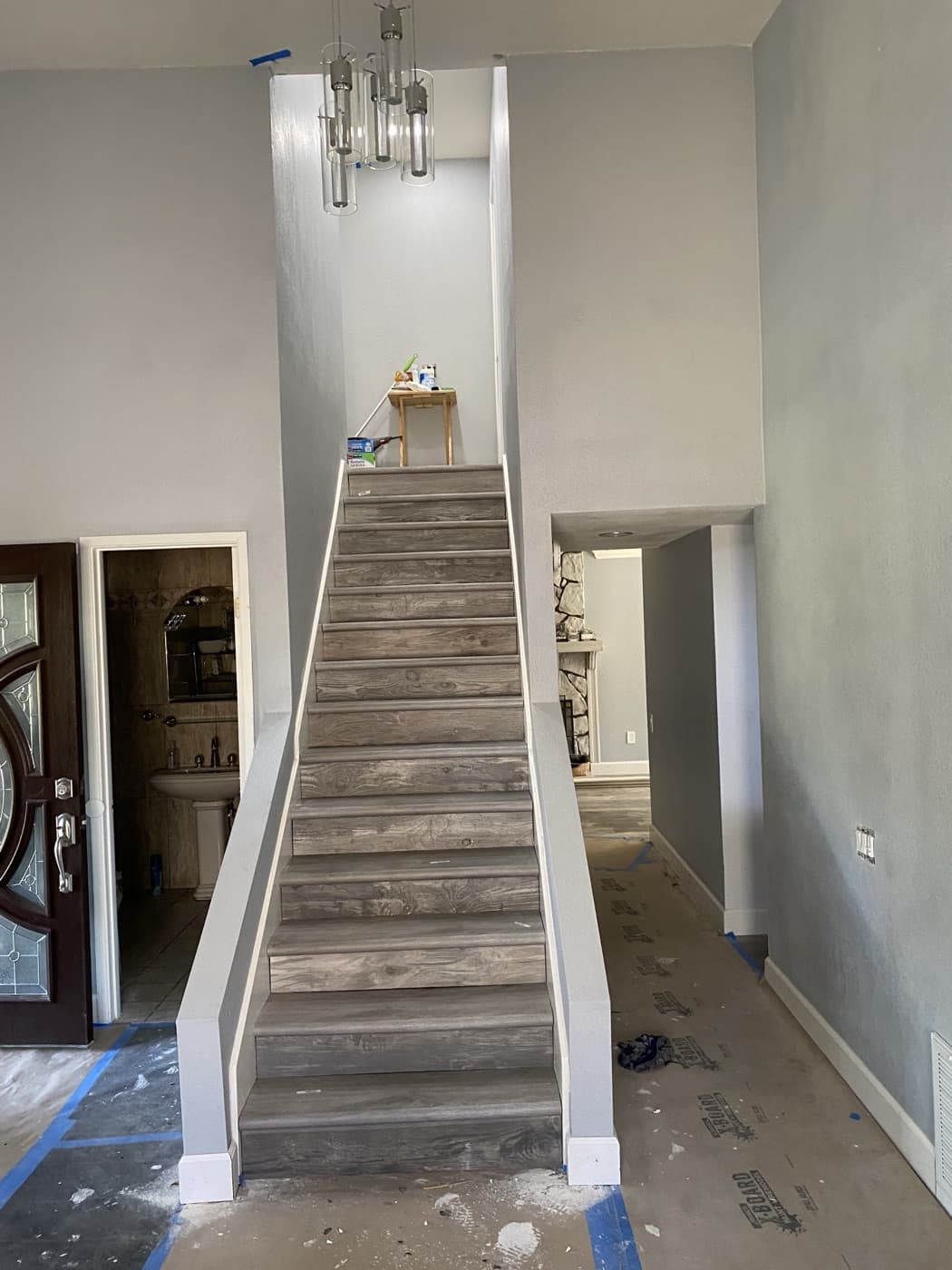 Refinished wood staircase after remodel