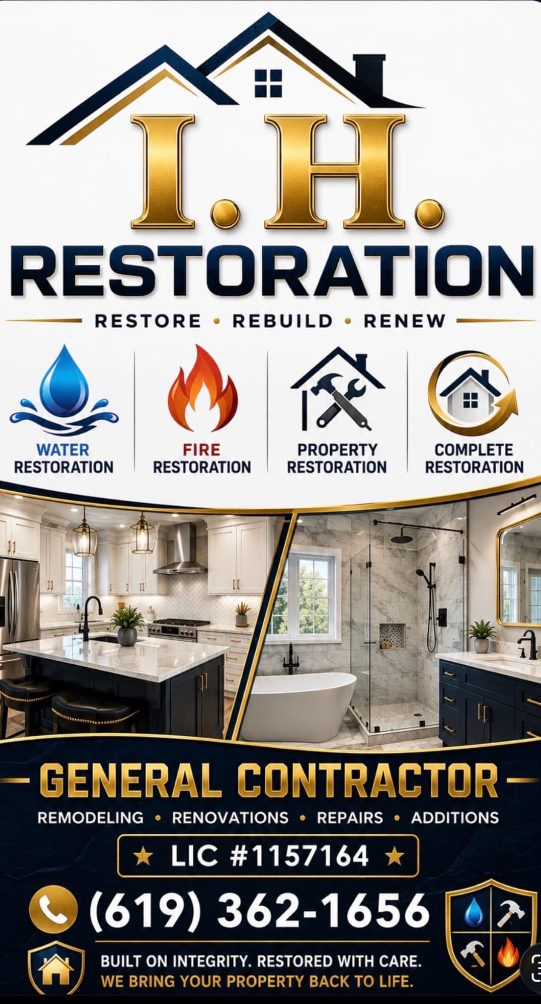 I.H. Restoration flyer: Water, Fire, Property & Complete Restoration, General Contractor